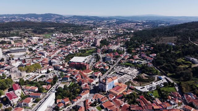 Wide aerial view of Valongo city buildings roads and hills