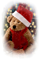 Christmas portrait of teddy bear wearing Santa hat through a frosted window