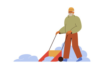 elderly man removing snow with shovel from the street in winter. grandfather in warm clothes cleaning yard or road after snowfall. vector illustration