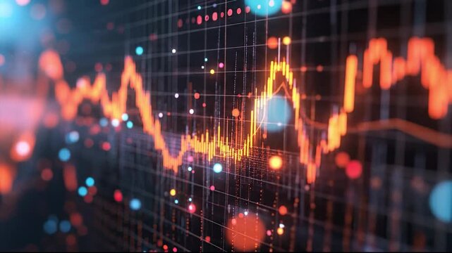 Glowing digital stock market chart with candlestick graph and bokeh lights illustrating financial trading trends and economic data analysis