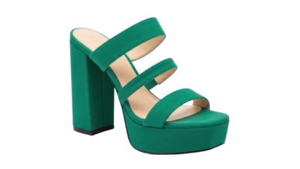 Emerald green platform mule sandal isolated PNG, stylish high heel shoe with straps on transparent background for fashion and summer wear
