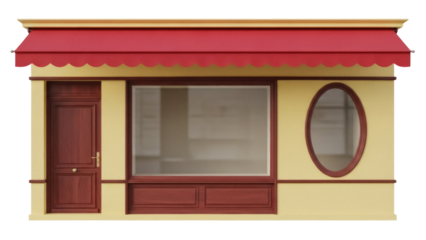 Charming storefront with red awning isolated PNG, classic shop facade with door and window on transparent background, architectural element