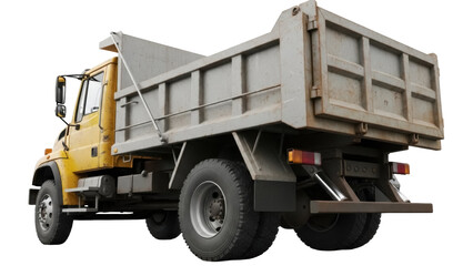 Yellow dump truck PNG isolated on transparent background, heavy construction vehicle for material transport and building industry