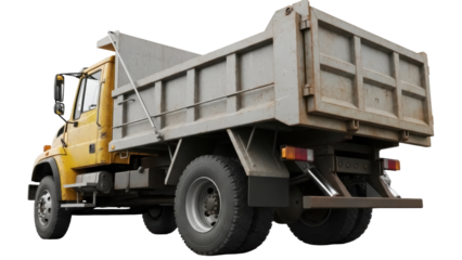 Yellow dump truck PNG isolated on transparent background, heavy construction vehicle for material transport and building industry