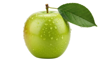 Fresh green apple with water droplets isolated PNG, healthy fruit with leaf on transparent background for food and nutrition concepts
