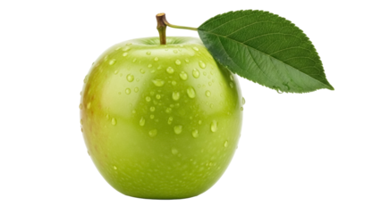 Fresh green apple with water droplets isolated PNG, healthy fruit with leaf on transparent background for food and nutrition concepts