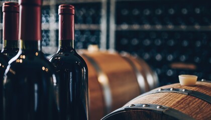 Elegant wine bottles and aging barrels in a dim cellar