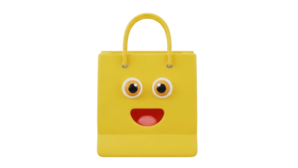 Yellow shopping bag with smiley face isolated PNG, cheerful retail container for gifts and merchandise on transparent background