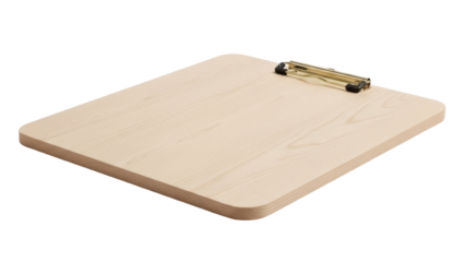 Wooden clipboard isolated PNG on transparent background, light wood writing board with metal clip for office and school use, natural grain