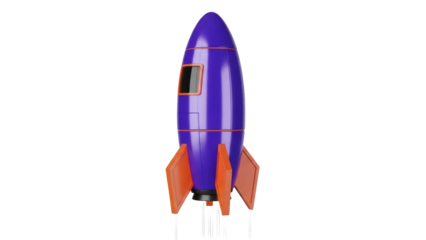 Purple toy rocket isolated PNG on transparent background, retro space ship for kids and science fiction themes