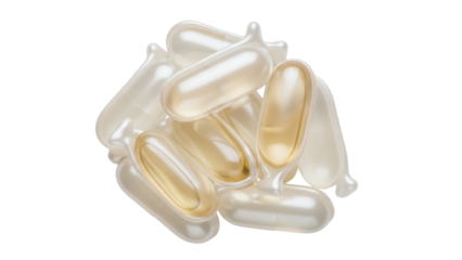Pile of golden serum capsules isolated PNG on transparent background, anti-aging beauty treatment for skincare and cosmetic use