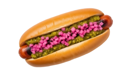 Hot dog with relish and pickled onions isolated PNG, classic American fast food on transparent background for restaurant menu