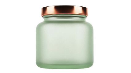 Empty light green glass jar with copper lid isolated PNG, elegant container for cosmetics or food on transparent background