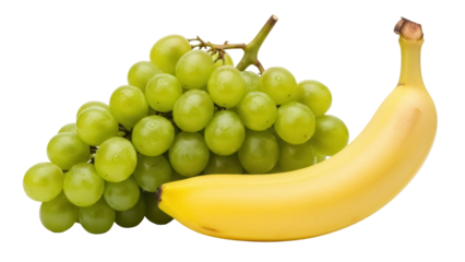 Fresh green grapes and yellow banana isolated PNG, healthy fruit combination on transparent background for diet and nutrition concepts