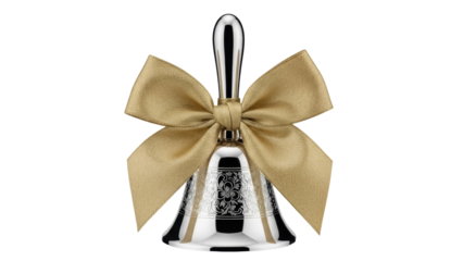 Silver hand bell with golden bow isolated PNG, vintage musical instrument for Christmas celebration and festive decoration