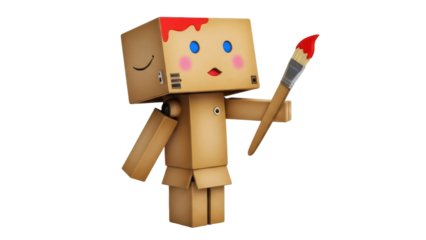 Cardboard box robot painting with red paint isolated PNG, cute toy character on transparent background for creative projects