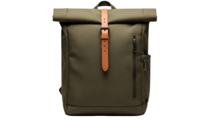 Olive green rolltop backpack PNG isolated on transparent background, modern rucksack with brown leather strap for travel and everyday use