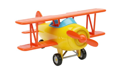 Colorful toy biplane PNG isolated on transparent background, yellow and orange airplane model for kids and aviation enthusiasts © GODSTOX
