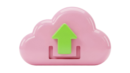 Pink cloud with green arrow isolated PNG, upload icon for cloud storage and data transfer on transparent background