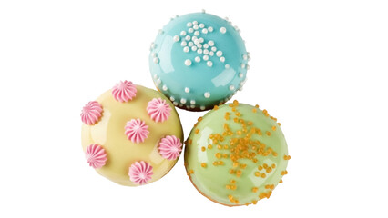 Three colorful donuts isolated PNG on transparent background, sweet glazed doughnuts with sprinkles for dessert and bakery concepts