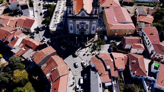 Aerial view of Igreja Matriz church and urban center in Valongo Portugal
