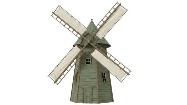 Detailed wooden windmill PNG isolated on transparent background, vintage style building with sails for architecture and rural themes