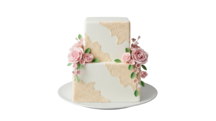 Elegant two-tiered square wedding cake with pink sugar roses isolated PNG, romantic dessert for celebration on transparent background