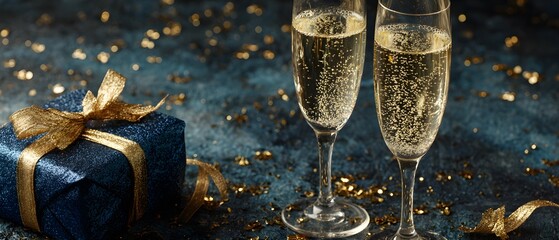 Two crystal champagne flutes sit beside a luxurious blue gift box with gold ribbon and scattered confetti on a deep navy textured background.