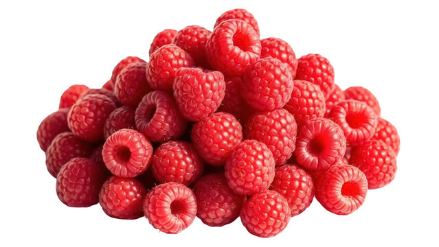 Pile of fresh red raspberries isolated PNG, delicious and juicy summer fruit on transparent background for healthy eating and dessert concepts