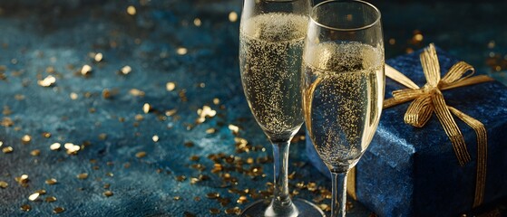 Two crystal champagne flutes sit beside a luxurious blue gift box with gold ribbon and scattered confetti on a deep navy textured background.