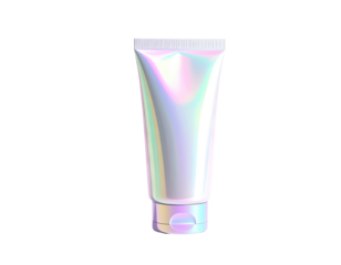 Holographic cosmetic tube, standing upright, against black background