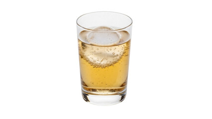 Refreshing golden drink with ice ball in glass isolated PNG, fizzy beverage for summer refreshment and cocktail ingredient