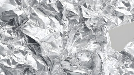 Close-up of crumpled aluminum foil, shiny and reflective, abstract texture, metallic surface.