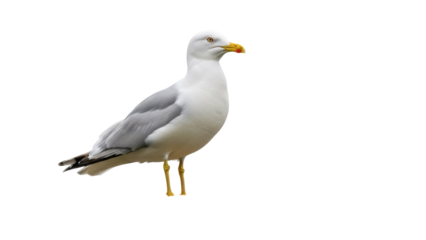 European herring gull PNG isolated on transparent background, white and gray bird with yellow beak and legs, standing seabird
