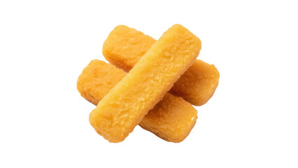 Golden fried fish sticks isolated PNG, crispy breaded seafood snack on transparent background, convenient and tasty finger food for kids and adults