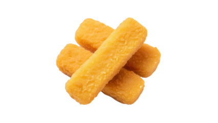 Golden fried fish sticks isolated PNG, crispy breaded seafood snack on transparent background, convenient and tasty finger food for kids and adults