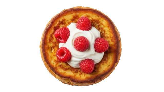 Golden french toast with whipped cream and raspberries isolated PNG, delicious breakfast dessert on transparent background