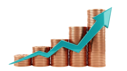 Stacks of copper coins with a teal arrow pointing upwards isolated PNG, financial growth and investment concept on transparent background