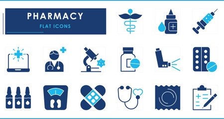 A set of flat icons related to Pharmacy. Medical, syringe, medicine, digital, symbol, microscope, health, health report, and so on.