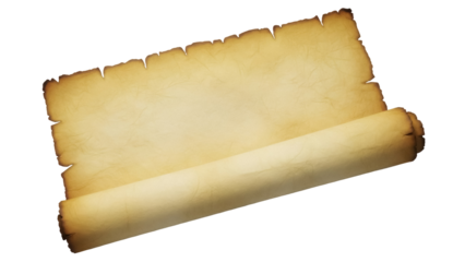Old parchment scroll PNG isolated on transparent background, antique paper roll for historical documents and treasure maps