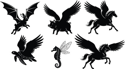 Obraz premium Mythical flying animal silhouette vector illustration set featuring pegasus bat pig turtle seahorse fantasy creatures black icons collection