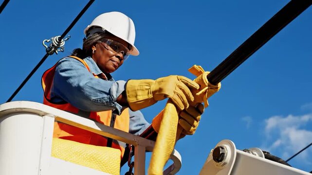 Female lineworker in bucket truck installing protective covering on power lines