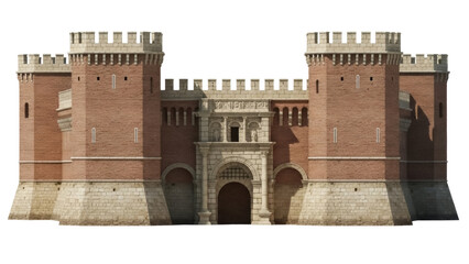 Medieval castle gate isolated PNG on transparent background, fortified entrance with towers and stone walls, historical architecture