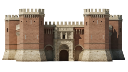Medieval castle gate isolated PNG on transparent background, fortified entrance with towers and stone walls, historical architecture