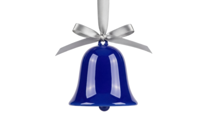 Shiny blue Christmas bell with silver ribbon isolated PNG, festive holiday ornament for decoration and graphic design projects on transparent background
