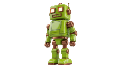 Green retro robot toy isolated PNG, vintage style android with copper accents on transparent background for design and decoration