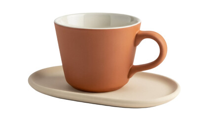 Fototapeta premium Terracotta ceramic cup and saucer isolated PNG, minimalist design with warm earthy tones for coffee or tea presentation on transparent background