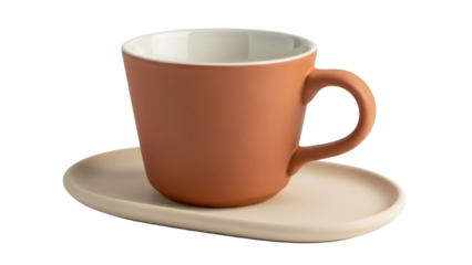 Terracotta ceramic cup and saucer isolated PNG, minimalist design with warm earthy tones for coffee or tea presentation on transparent background