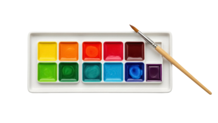 Watercolor paint palette with brush isolated PNG, vibrant colors in tray for artistic painting and creative projects on transparent background