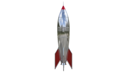 Retro silver rocket ship isolated PNG, vintage space vehicle with red fins on transparent background, science fiction spacecraft for design use